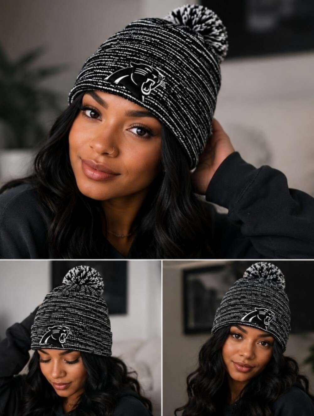 NFL Womens Black & White Pom Beanie - Panthers Logo